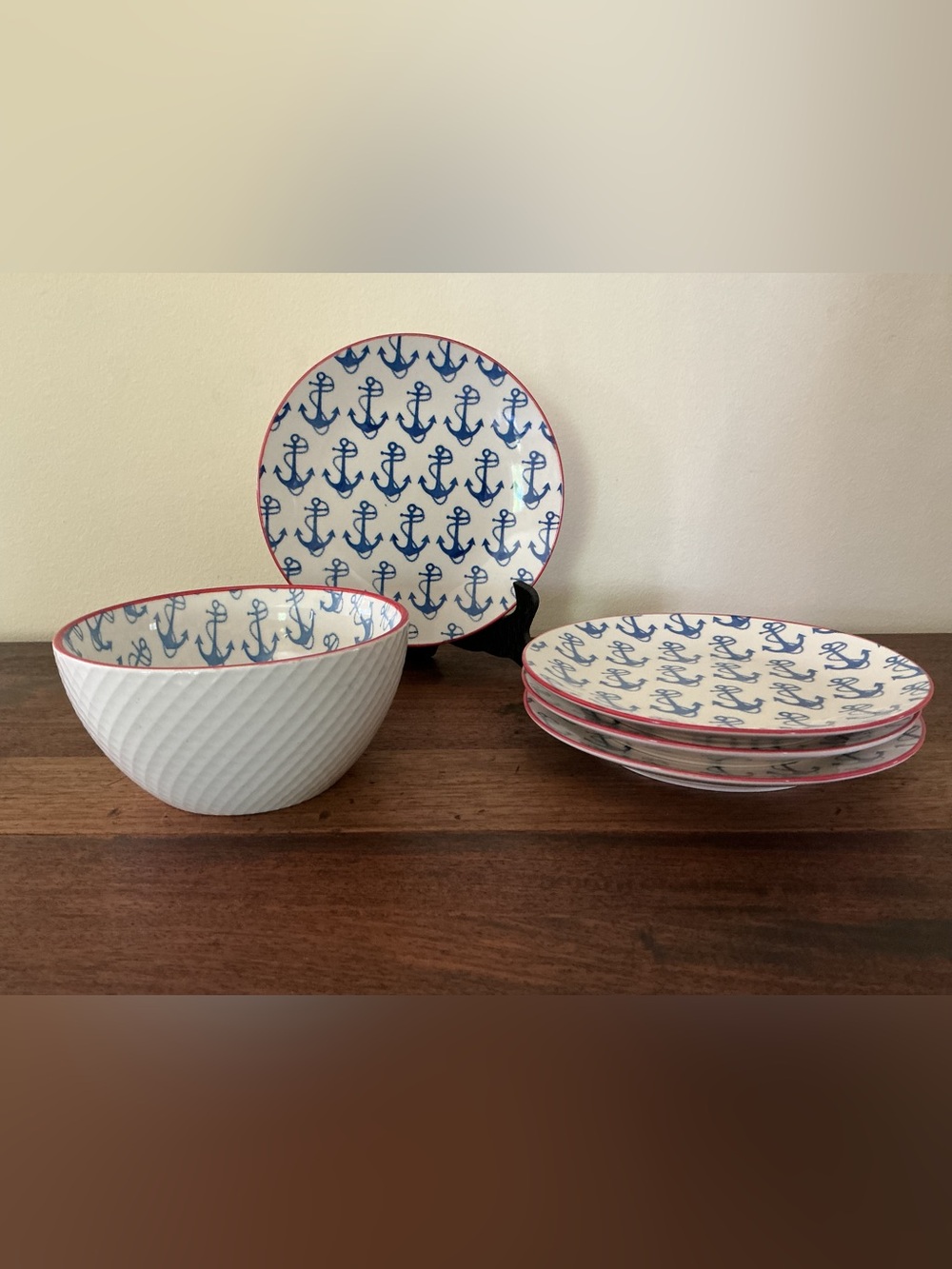 Pfaltzgraff Pad Print Anchor Red Trim 4 Plates &  1 Bowl Nautical